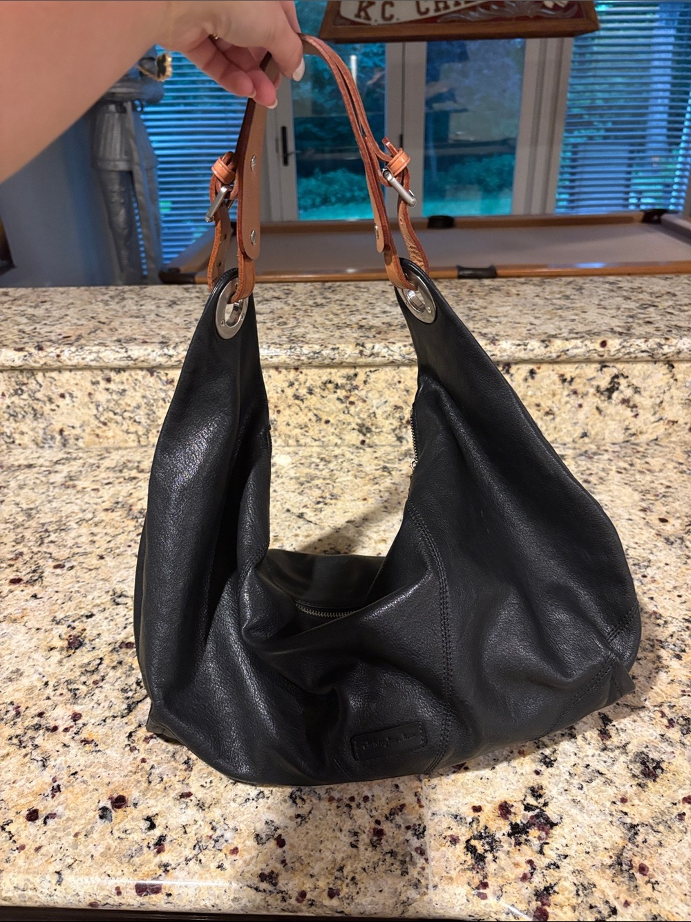 Black Leather Hobo Shoulder Bag by Christopher Kon